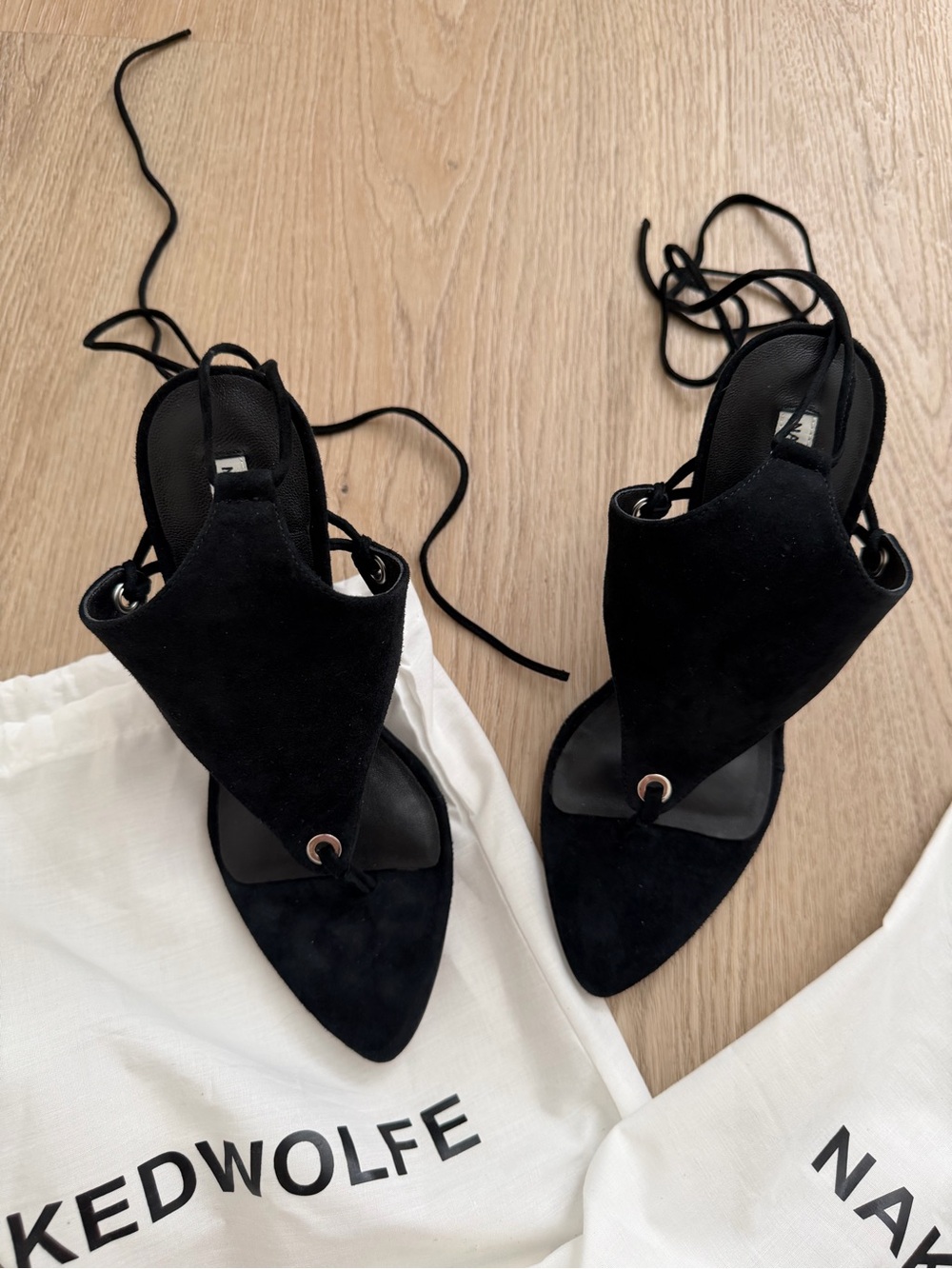 Naked Wolfe Black Suede Lace-Up Pointed Toe Heels